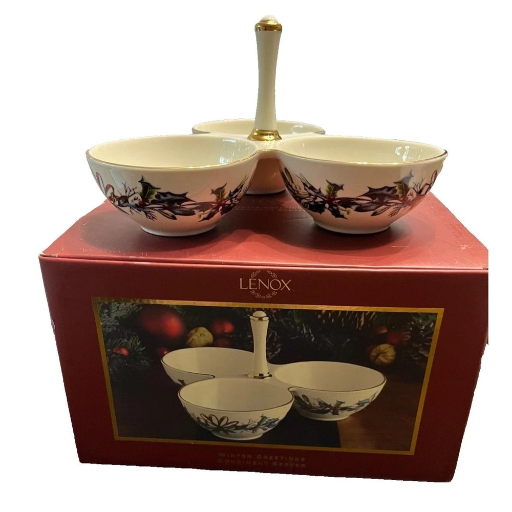 Lenox Winter Greetings Condiment Server 3 Bowl Holly Berry Gold Trim 761990